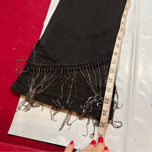 Blue B Collection NEW Black Beaded FRINGE Leg High-Waist Flared Jeans womens MED - Picture 11 of 16